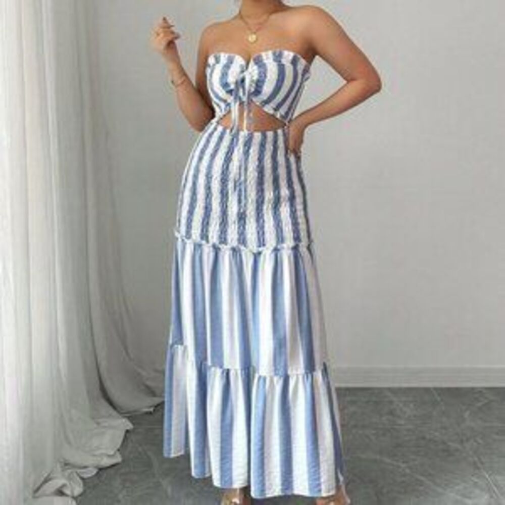 Blue And White Boho Women's Wrap Bust Striped Tie Waist Strapless Maxi Dress - Picture 4 of 5